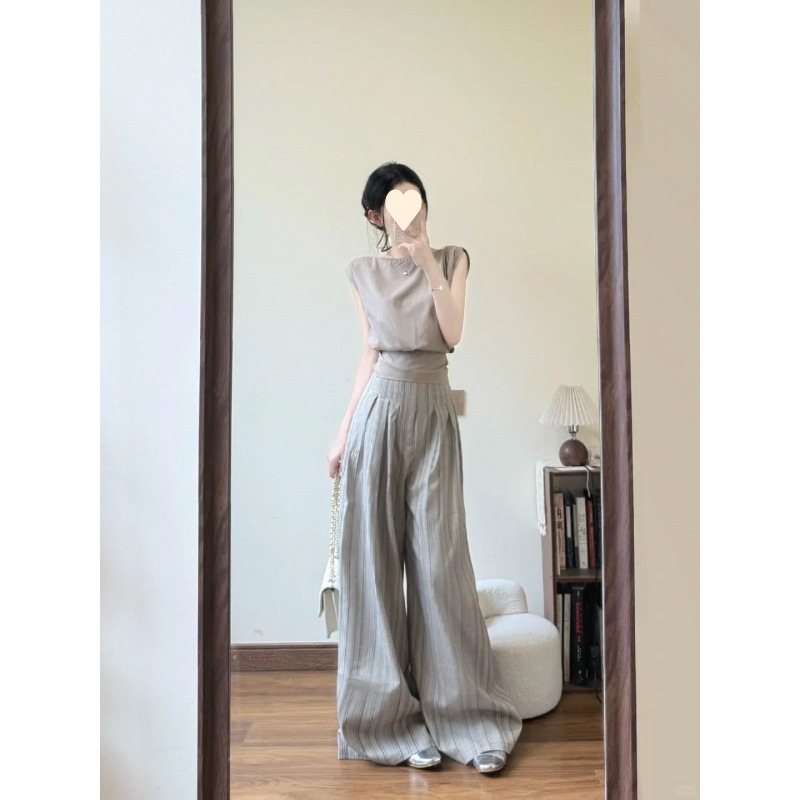 套装女2025夏季法式设计感绑带收腰无袖上衣高腰显瘦条纹阔腿长裤|undefined