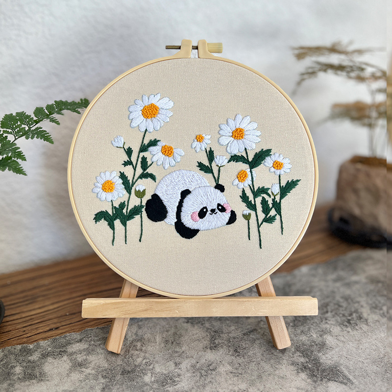 Flor Bush panda pequeño conjunto bordado diy material de mano bolsa de dibujos animados aguja animal paquete de bordado hierba de cuatro piezas