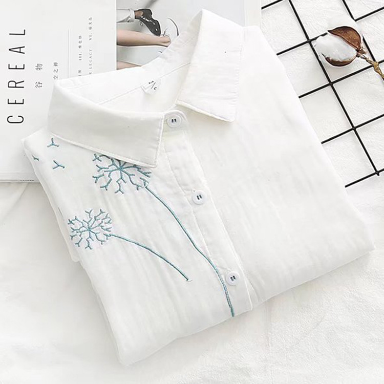 2025 Spring Double-Layer Cotton Yarn Long-Sleeved Shirt Women's Korean Style Literary Loose Embroidery Women's Soft Shirt 2025 Spring Double-Layer Cotton Yarn Long-Sleeved Shirt Women's Korean Style Literary Loose Embroidery Women's Soft Shirt