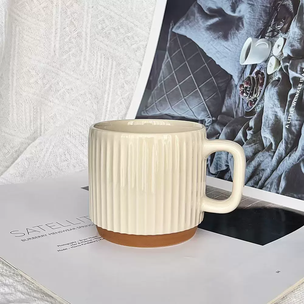 米色条纹叠叠杯创意复古陶瓷马克杯浮雕竖纹高颜值拿铁咖啡杯