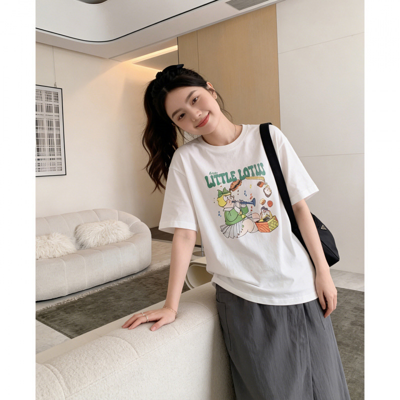 Maternity Wear Summer Tops Age-Reducing White Short-Sleeved T-Shirts Summer Thin Loose Mid-Length T-Shirts for Pregnant Moms to Wear