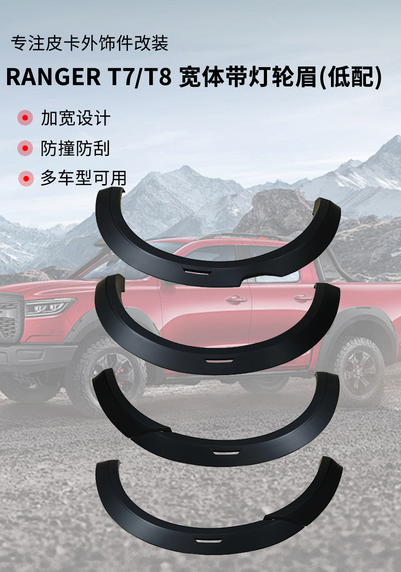 Suitable for Ford Ranger T7/T8 Wide-Body with Lighted Wheel Arches and Mudguards for Pickup Exterior Modification