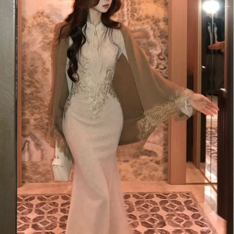 【杏织云裳】新中式巨好看早秋连衣裙立领刺绣针织长裙开衫外套女|undefined