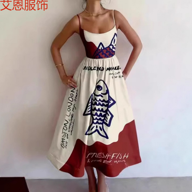 Cross-Border Independent Station Sleeveless Shirt Collar Dress Women's Casual Floral Print Sleeve Long Dress