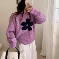 韩系甜美减龄花朵圆领长袖毛衣女秋冬日系软糯外穿内搭针织衫上衣