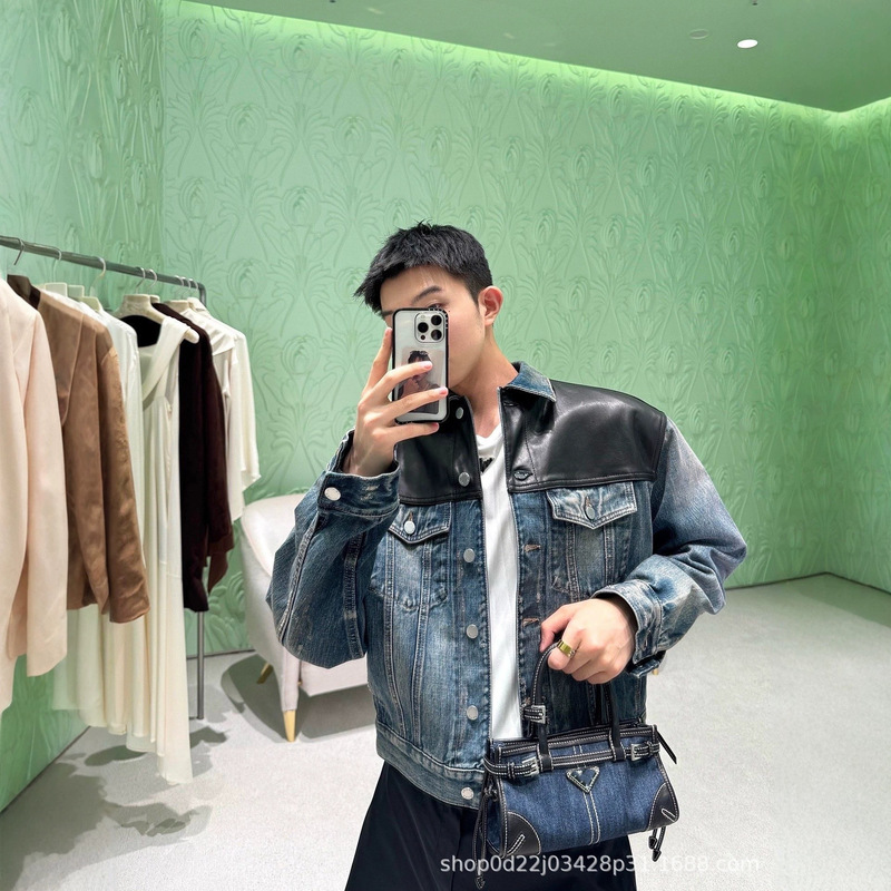 Cross-border high-end P brand 26SS new leather patchwork denim jacket, washed and distressed finish, versatile unisex style Cross-border high-end P brand 26SS new leather patchwork denim jacket, washed and distressed finish, versatile unisex style