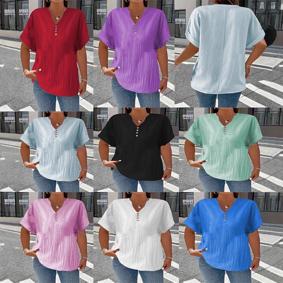 2025 Spring and Summer European and American Cross-Border Amazon Independent Station New Women's Fashion Casual Pure Color Button V Neck T-Shirt for Women