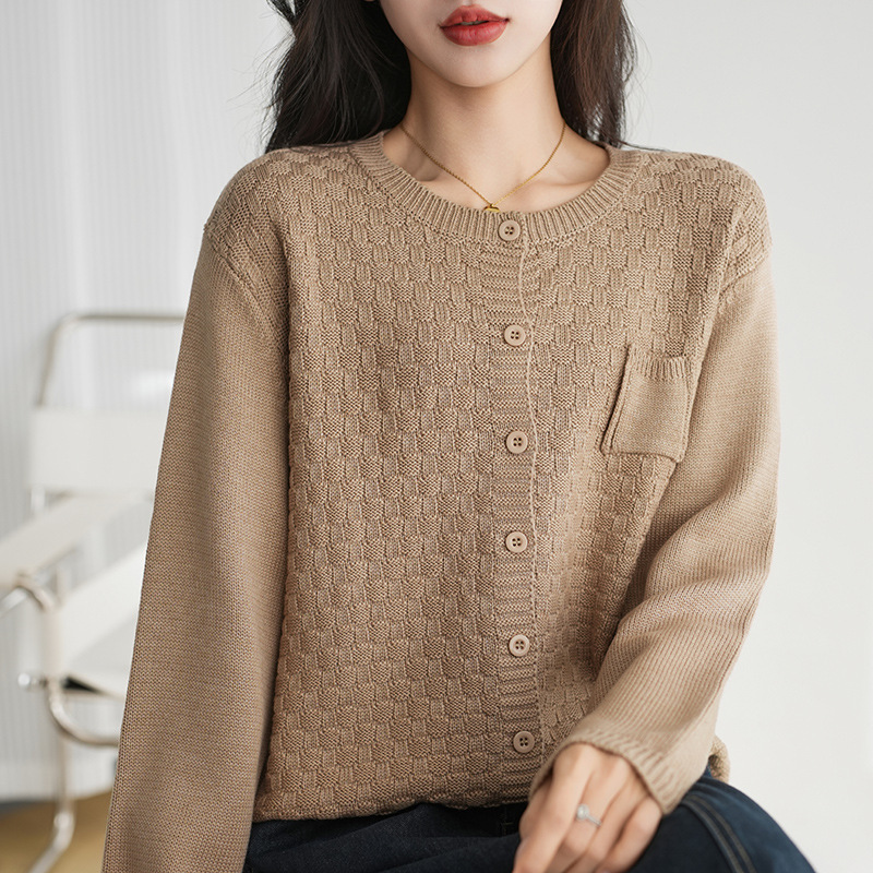 Waffled Cotton with Pocket Loose All-match Jacket Women's 2025 Spring New Cotton Quilted Knitted Cardigan Waffled Cotton with Pocket Loose All-match Jacket Women's 2025 Spring New Cotton Quilted Knitted Cardigan