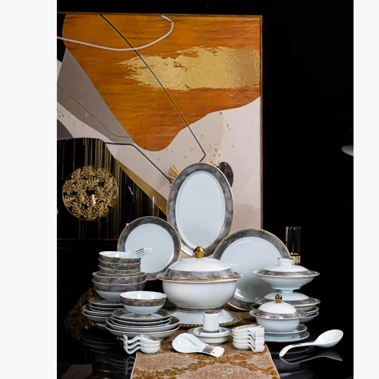 Jingdezhen Celadon Light Luxury Gray 58-Piece Dinnerware Set New Chinese Style High-End Bowls, Plates, and Spoons Complete Set for Ten People Jingdezhen Celadon Light Luxury Gray 58-Piece Dinnerware Set New Chinese Style High-End Bowls, Plates, and Spoons Complete Set for Ten People
