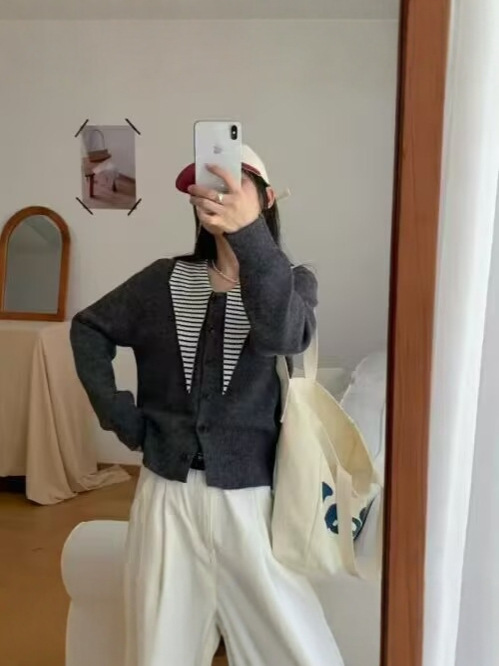 韩系条纹尖领百搭针织开衫女2025秋季新款别致宽松显瘦长袖毛衣潮|undefined