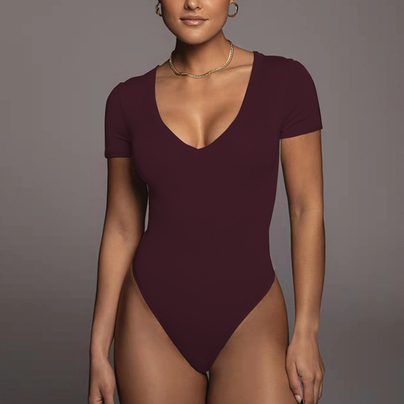 Bodysuit 2023 verano nuevo comercio exterior europeo y americano ropa de mujer Amazon manga corta cuello en V sexy mono apretado