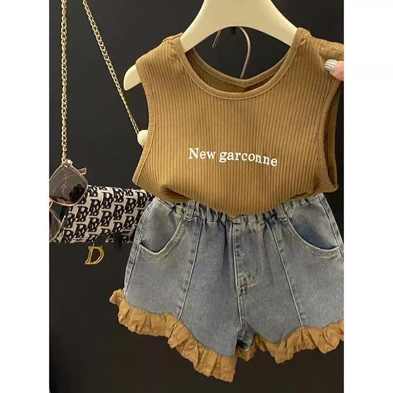 Fashionable universal vest with letters, denim skirt, shorts, trousers, summer clothing, set, western style, internet celebrity