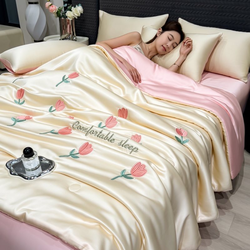 Summer New Style Washed Ice Silk Light Luxury Embroidered Cooling Summer Quilt Four-Piece Set Washable Air-Conditioning Quilt