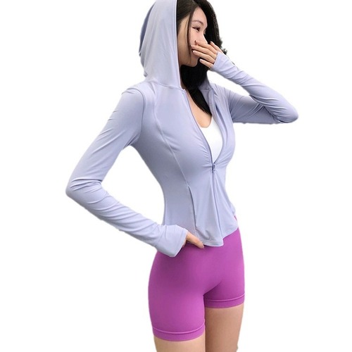 Summer Hooded Zipper Yoga Jacket Bare Sensibility Sporty Casual Slimming Top Bodycon UV Protection Suncoat