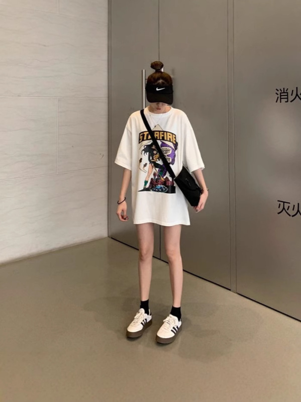大きいサイズMM半袖ルーズカジュアルスタイル膝上Tシャツシンプル2025ミドル丈レディーススリム夏プリント多用途|undefined
