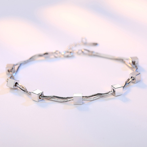 Fashionable love window magic square silver bracelet for women, Korean version of sweet double snake bone chain five-pointed star bracelet, hand jewelry