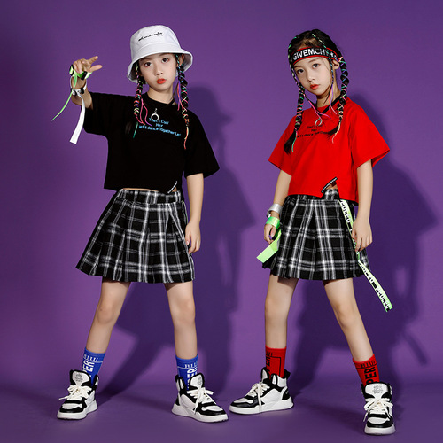 Children's street dance trendy outfit stylish girl crop top hip-hop jazz dance performance set summer girl short sleeve dress fashion