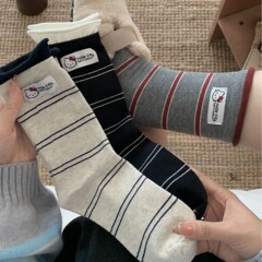 ins日系无骨可爱少女JK布标小猫袜子女春秋条纹少女学院风堆堆袜