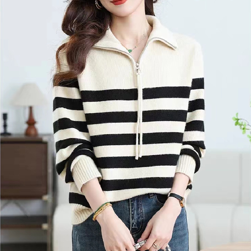Cross-border 2026 Autumn New Style Turn-down Collar Half-zip Striped Fashionable Base Layer Knit Sweater Top for Women Cross-border 2026 Autumn New Style Turn-down Collar Half-zip Striped Fashionable Base Layer Knit Sweater Top for Women