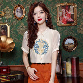 新中式国风琉璃莎刺绣复古短袖衬衫女夏季新款复古盘扣气质衬衣