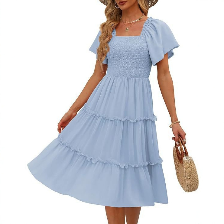 2025 Amazon New Women's Summer Casual Chiffon Butterfly Short-Sleeved Square Neck Pleated Mid-Length Dress