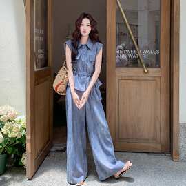 灰蓝色韩系通勤风穿搭套装女夏季2026年新款无袖衬衫阔腿裤两件套