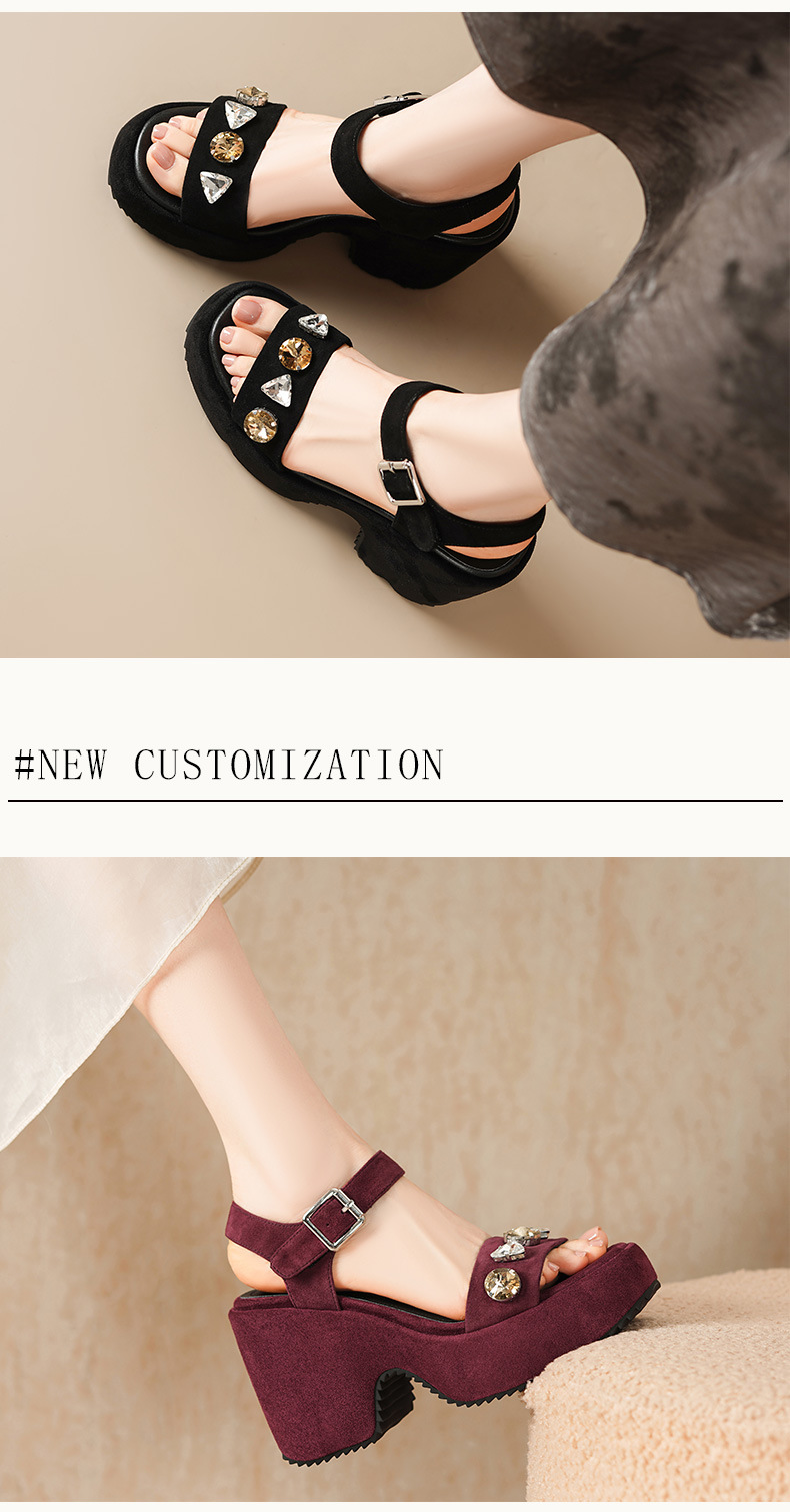 Sandal cao gót nữ quai ngang đế dày, mũi hở, phối đá lấp lánh, gót 9 cm — màu đen, Rượu vang đỏ chi tiết 3
