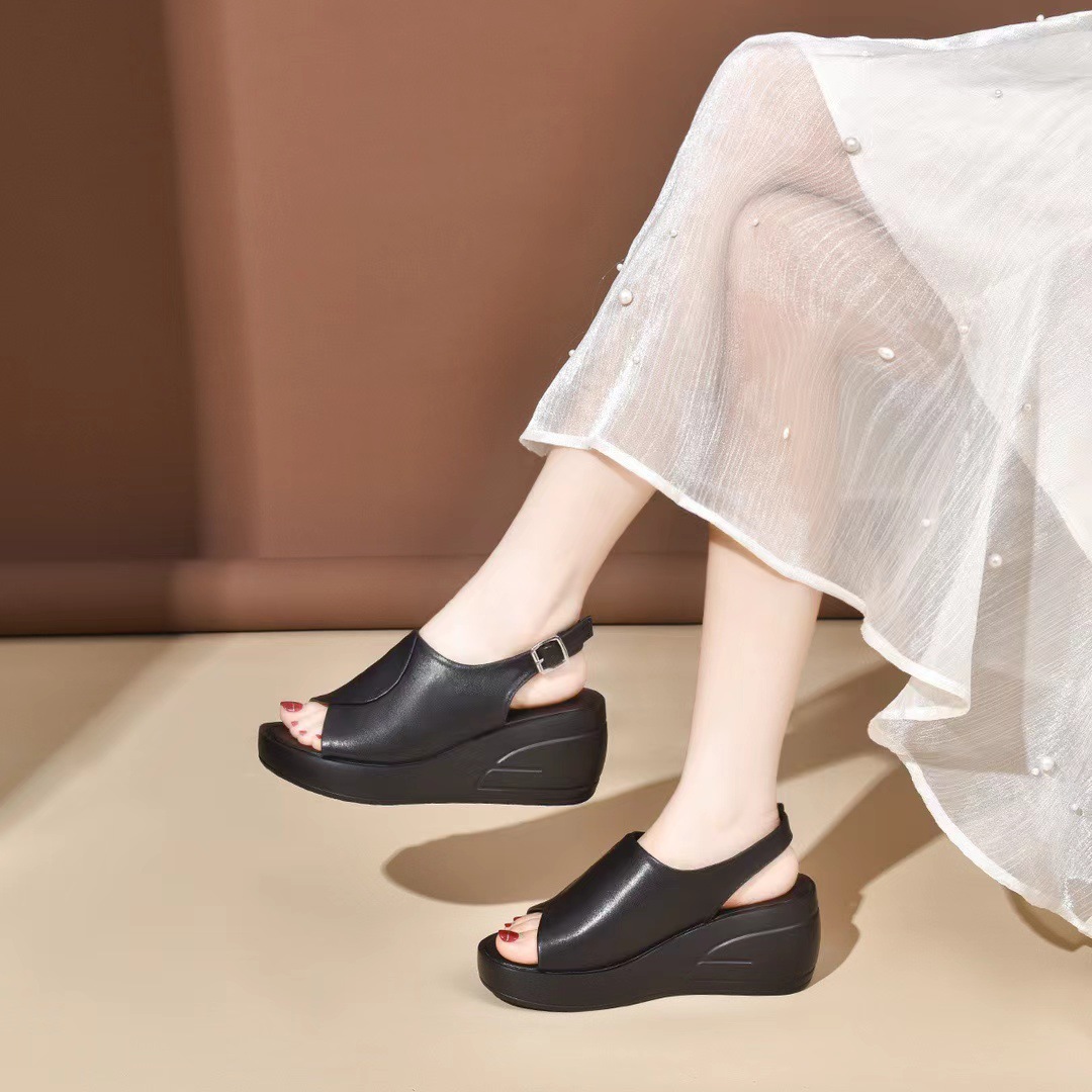 Giày sandal cao gót nữ mũi hở kiểu miệng cá, đế dày platform, da thật có khóa — Màu đen