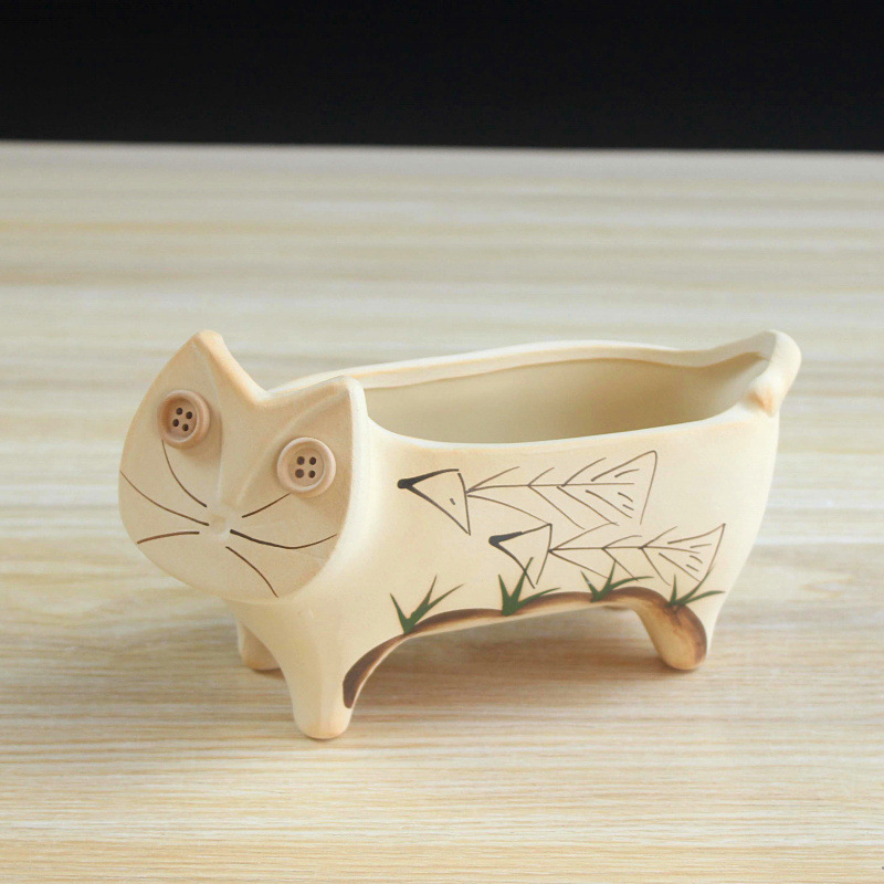 Ceramic Succulent Flower Pot, Rustic Ceramic Cat Succulent Pot, 4534 Gardening Clay Pot, Essential for Gardening with Green Plants