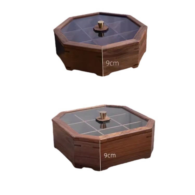 Madera de nogal negro caja de tuerca octogonal rejilla de madera maciza con cubierta de vidrio dulce caja de frutas secas Placa de semillas de melón de fruta China
