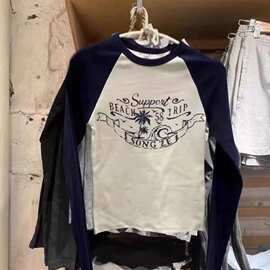 BM风新款棕树印花插肩长袖T恤女 bm辣妹拼接上衣修身显瘦打底衫潮