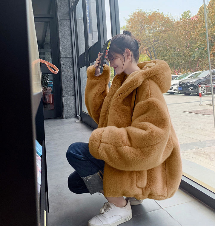 2022 Autumn and Winter New Imitation Fur Coat Women's Imitation Rex Rabbit Fur Hooded Plush Coat Loose Warm