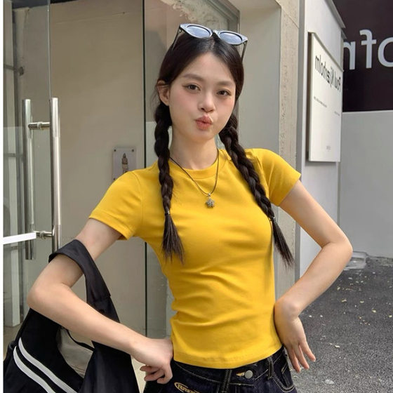 Shoulder Short-sleeved Top Women's 2024 New Summer Cotton Slim-fit Slimming Spice Girls Short Yellow T-shirt