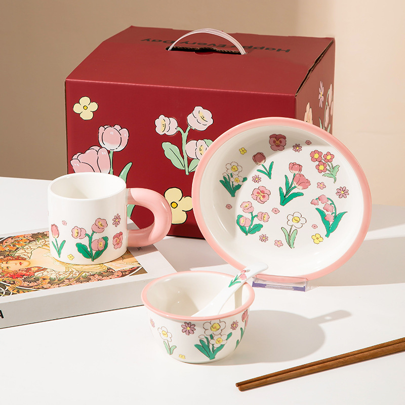 One person eating tableware suit high color value tulip pink ceramic bowl chopsticks gift box sister group gift companion gift