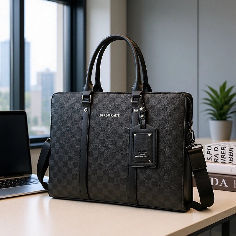 New men's handbag, high-end business crossbody bag, stylish checkered large-capacity briefcase, men's casual shoulder bag