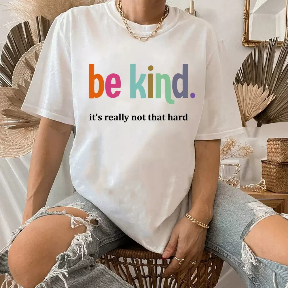 速卖通女士上衣欧码纯棉T恤be kind字母印花女装宽松上衣圆领短袖