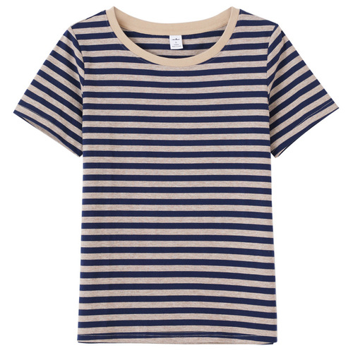 445-Striped Crew Neck Straight Shoulder Short Sleeve T-Shirt for Women Loose Fashion New Design Large Size Korean Style Top T