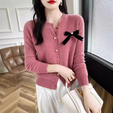 100%纯羊毛开衫女蝴蝶结圆领针织衫时尚毛衣外搭外套短款毛衣外套