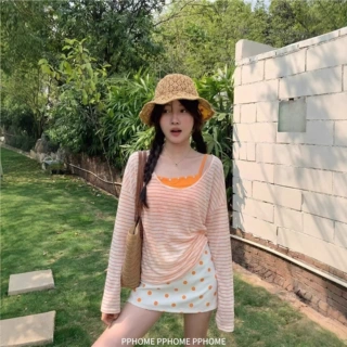 慵懒风撞色条纹长袖T恤女夏宽松防晒罩衫内搭挂脖吊带上衣三件套