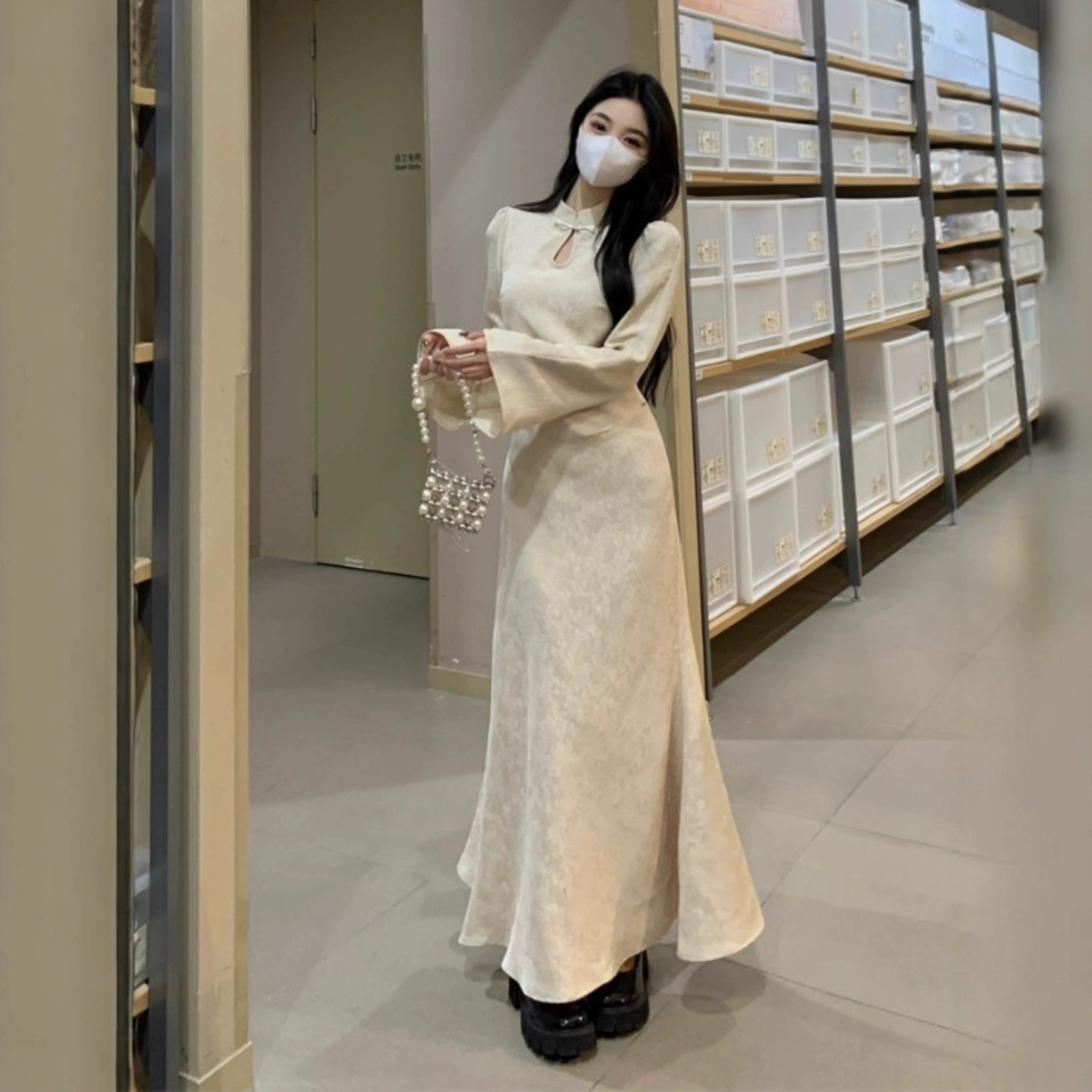 Платье цисан (cheongsam) для женщин, французский стиль осень, макси с юбкой и бретельным дизайном, больших размеров