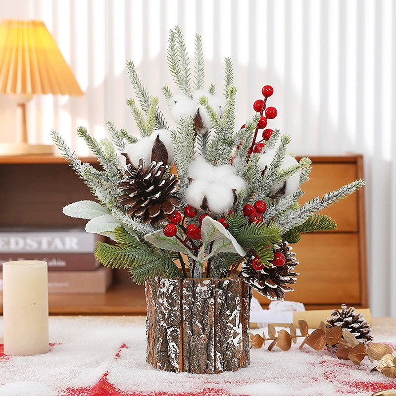 small decorative Christmas tree (bark base), tabletop floral ornament, 25×15×12 cm, light variants