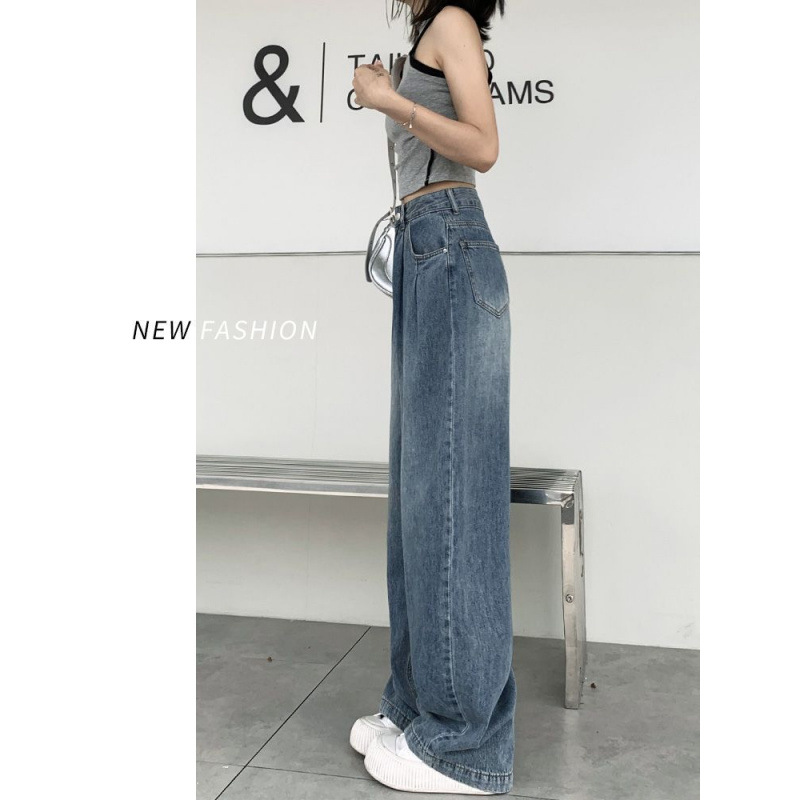 주름 디자인 넓은 다리 청바지 겨울 새로운 스타일 작은 느슨한 높은 허리 슬리밍 레트로 스트레이트 바지