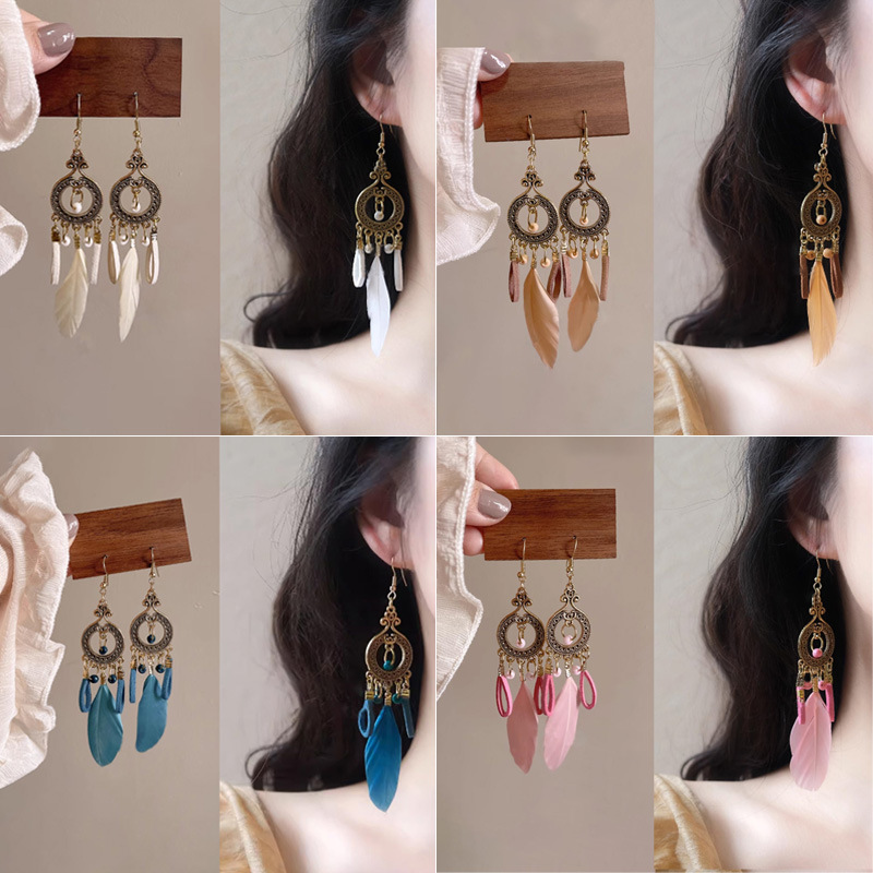 Tassel Exotic Ethnic Style Fairy Feather Earrings Vintage Bohemian Earrings for Travel Photography Artistic Retro