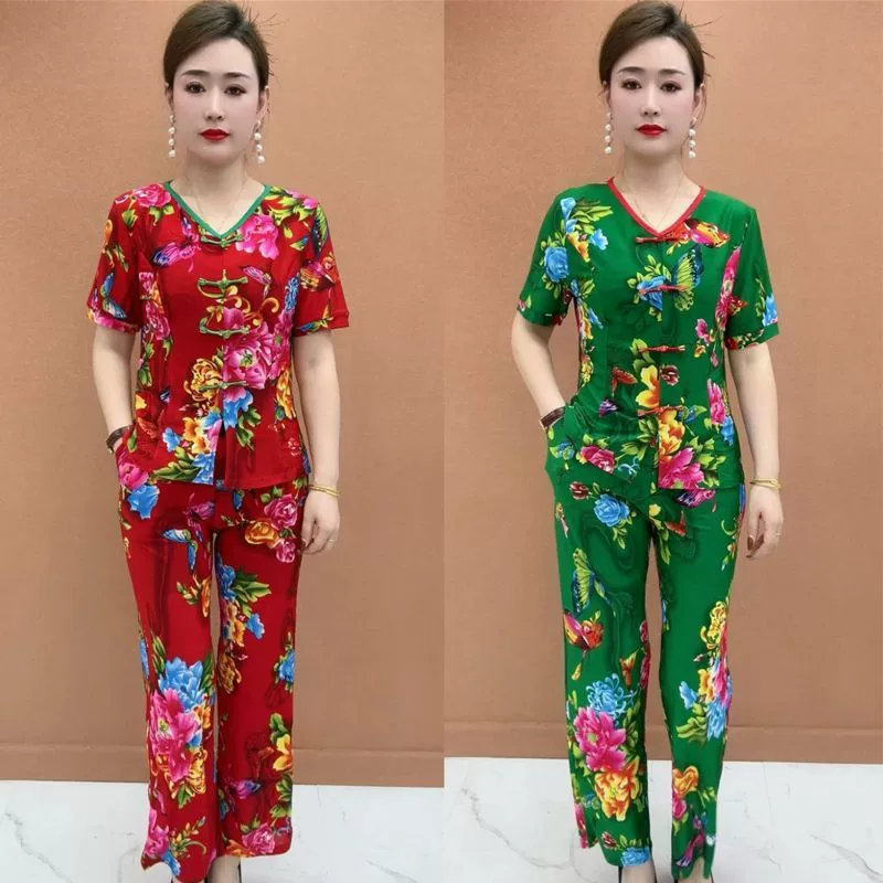 Летний комплект для новоиспеченной мамы: топ с коротким рукавом и этнические брюки, двухцветный принт, свободный крой, тонкий костюм для женщин среднего и пожилого возраста