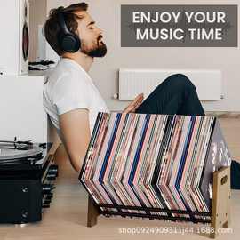 跨境实木黑胶唱片架铁艺术结合CD光盘收纳架木制大容量唱片收纳架