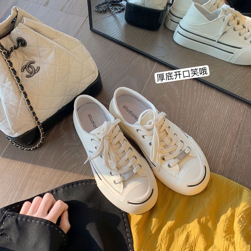 High-end Grape Mom Same-style Classic Round-toe Thick-bottom Lace-up Low-top Open-mouth Laugh Casual Canvas Board Shoes for Women