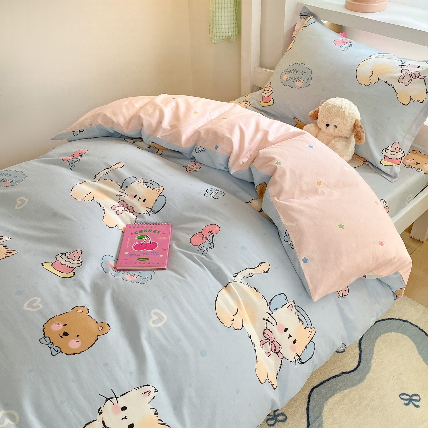 Juego de cama de dormitorio de estudiantes de tres piezas de algodón de algodón, funda de edredón, edredón, edredón, juego completo de núcleo