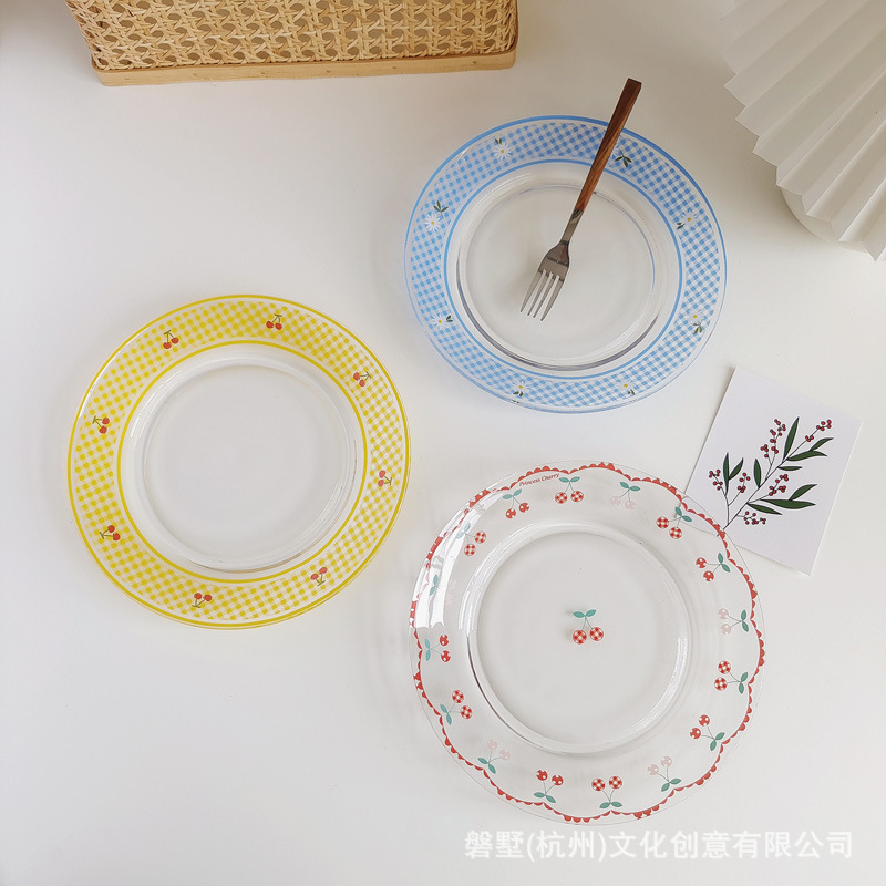 Korean Style ins Style Transparent Glass Plate French Style Cute Girl's Heart Sweet Plate Dim Cake Fruit Plate Household