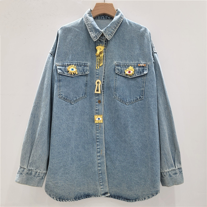 Chaqueta Camisera de Mezclilla para Mujer de Poliéster con Cuello Polo y Manga Larga image 1