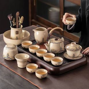 2024 new beige Ru kiln tea set suit high-grade ceramic kung fu beam teapot lid bowl tea cup set